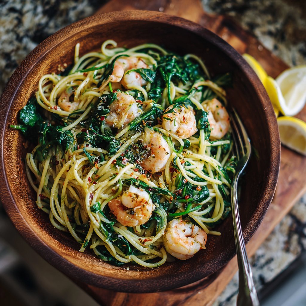 Lemon Spinach Spaghetti with Shrimp