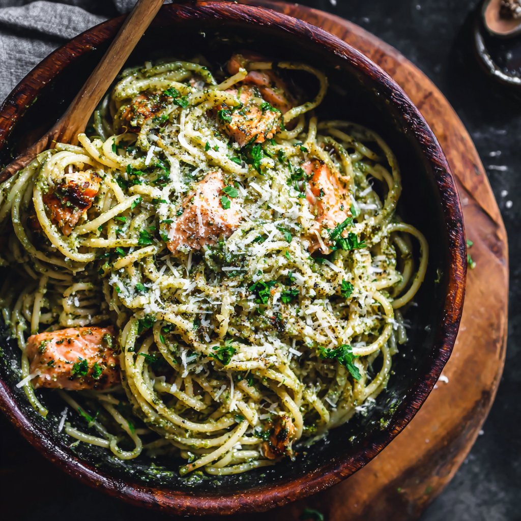 Garlic Parmesan Salmon Pesto Pasta